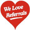 We Love Referrals 1" heart shaped stickers